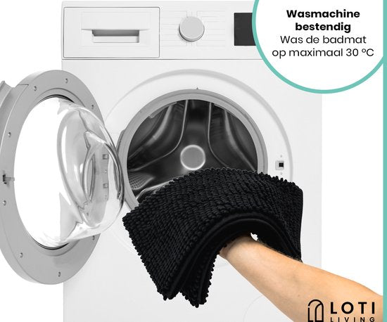 Loti Living Tapis de bain antidérapant - Tapis de douche - Tapis de salle de bain - Tapis de sol - Tapis de bain en chenille - Noir - 50x80 cm