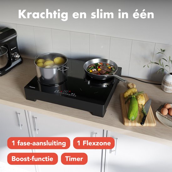 KitchenBrothers Plaque de cuisson à induction - Plaque de cuisson à induction autoportante - 60 cm - 4 zones - 1x Flexzone - 1 phase - Jusqu'à 3500W - Noir
