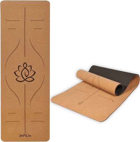 DH FitLife Tapis de yoga en liège et TPE, tapis 183 x 61 x 0,6 cm, tapis de fitness, antidérapant et écologique, tapis de sport naturellement autonettoyant, tapis de yoga avec lignes d'orientation (big lotos)