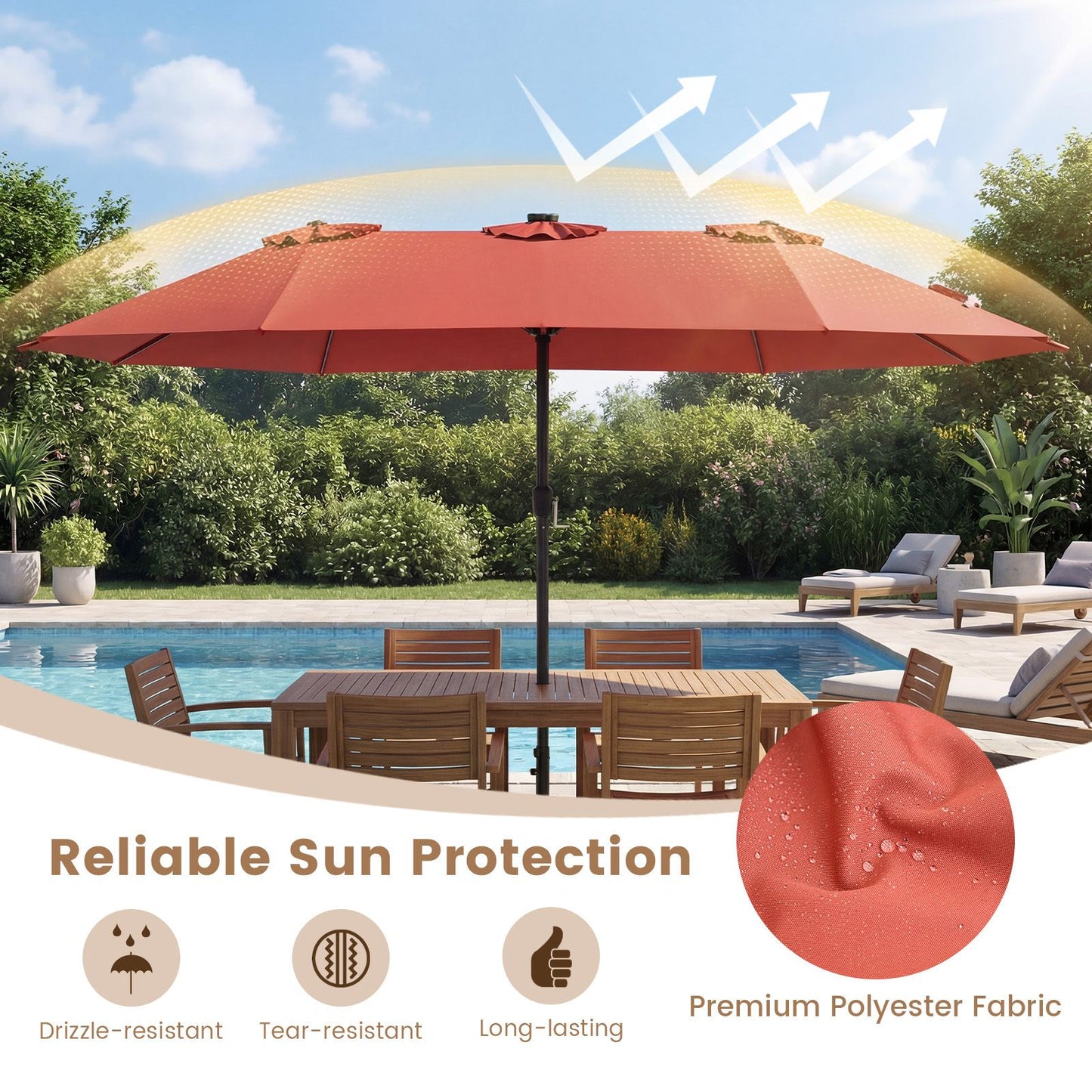 Coast 460 x 285 cm – Parasol de jardin double orange avec 48 LED à énergie solaire – Parasol extra-large avec panneau solaire à recharge automatique