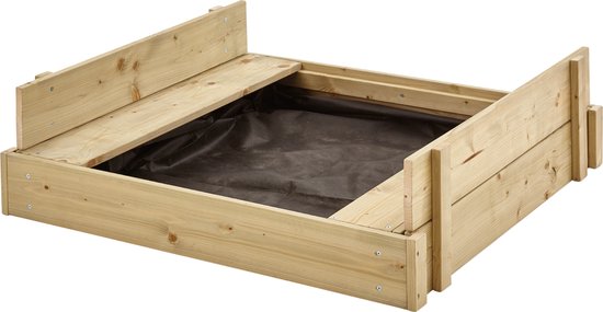 Tp Toys Bac à sable en bois avec couvercle, bancs et revêtement de fond