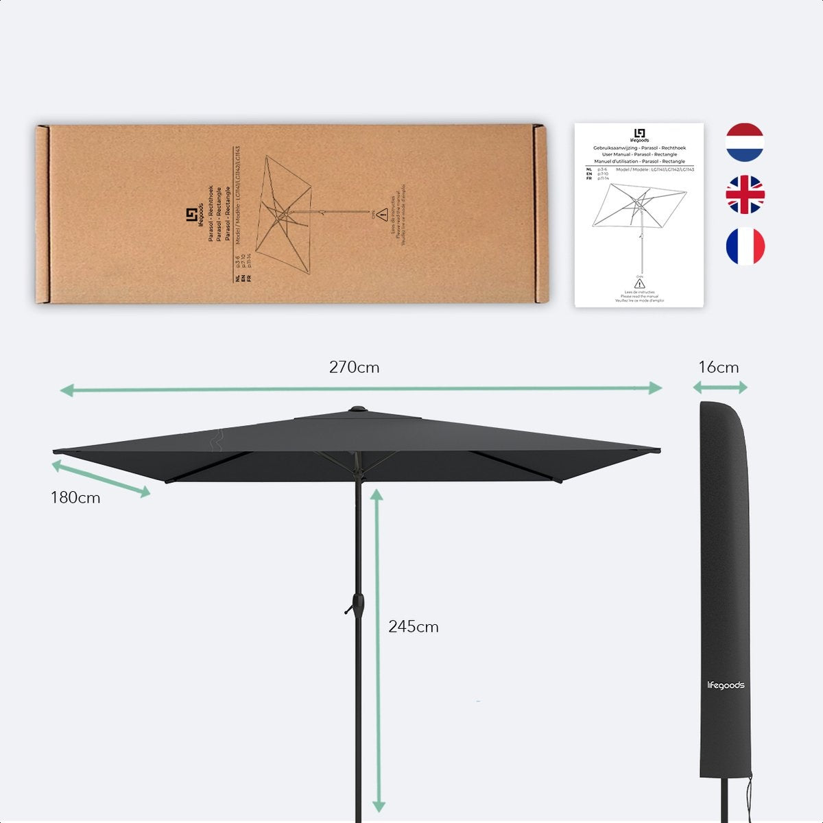 Parasol LifeGoods imperméable avec housse, 270x180cm, Gris foncé