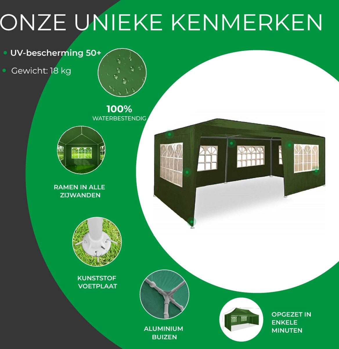 CASARIA Pavillon 3x6 m Vert - Tente de réception déperlante avec 6 parois et fenêtres - Protection UV - 18 m² - Tente de jardin pour fêtes