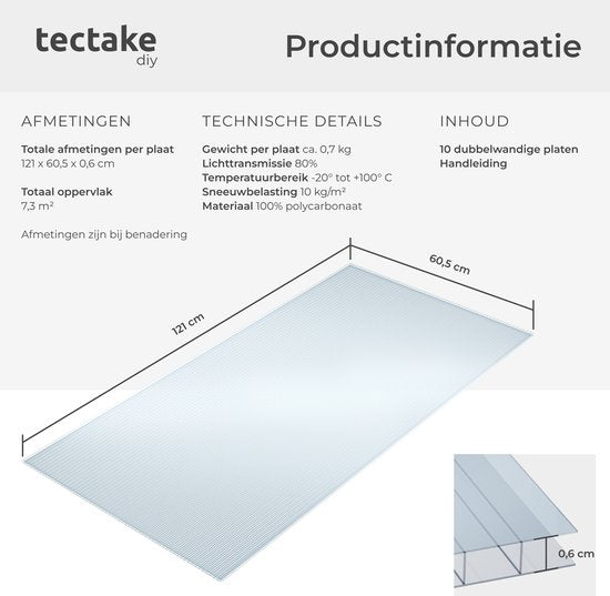 tectake® - Lot de 10 plaques en polycarbonate - Plaques à double paroi robustes, translucides et résistantes aux UV - 121 x 60,5 cm - 7,32m² au total - Transparent - Plaque de serre - 6mm d'épaisseur