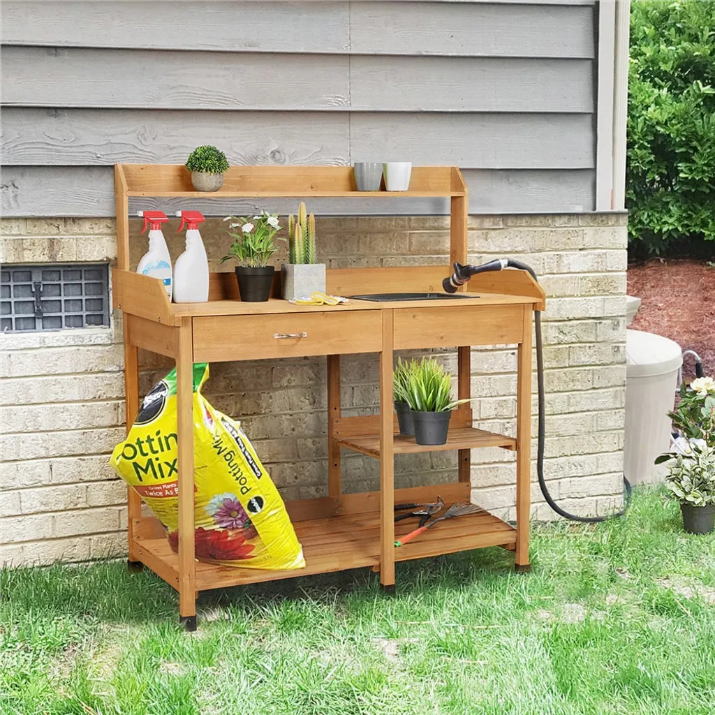 Yaheetech Table à plantes - avec évier - étagère réglable - table de travail pour le jardin - table de rempotage en bois - résistante aux intempéries