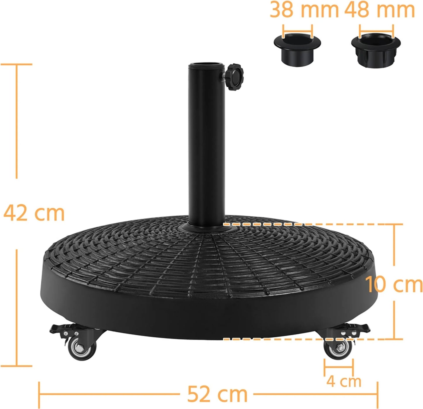 Yaheetech Base de parasol sur roues 24 kg - Avec 4 roulettes avec frein et deux adaptateurs pour Ø 38 mm et Ø 48 mm - Pour terrasse et jardin - Résine noire et métal - 52 x 52 x 42 cm
