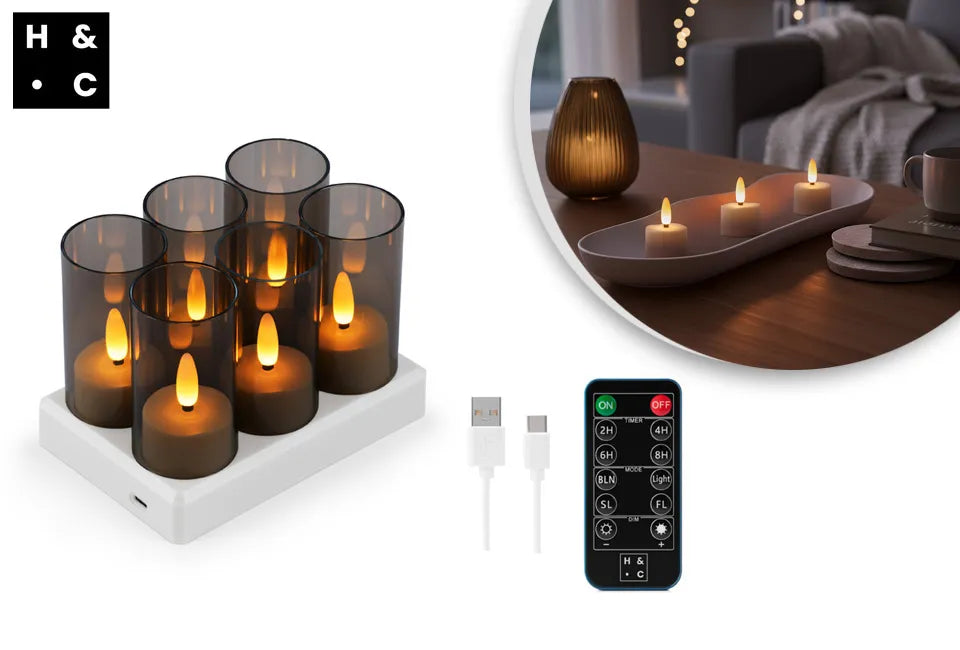 Home & Comfort - Lot de 6 lampes à thé LED rechargeables - Avec télécommande - Dimmable - 4 niveaux de lumière - Station de recharge incluse