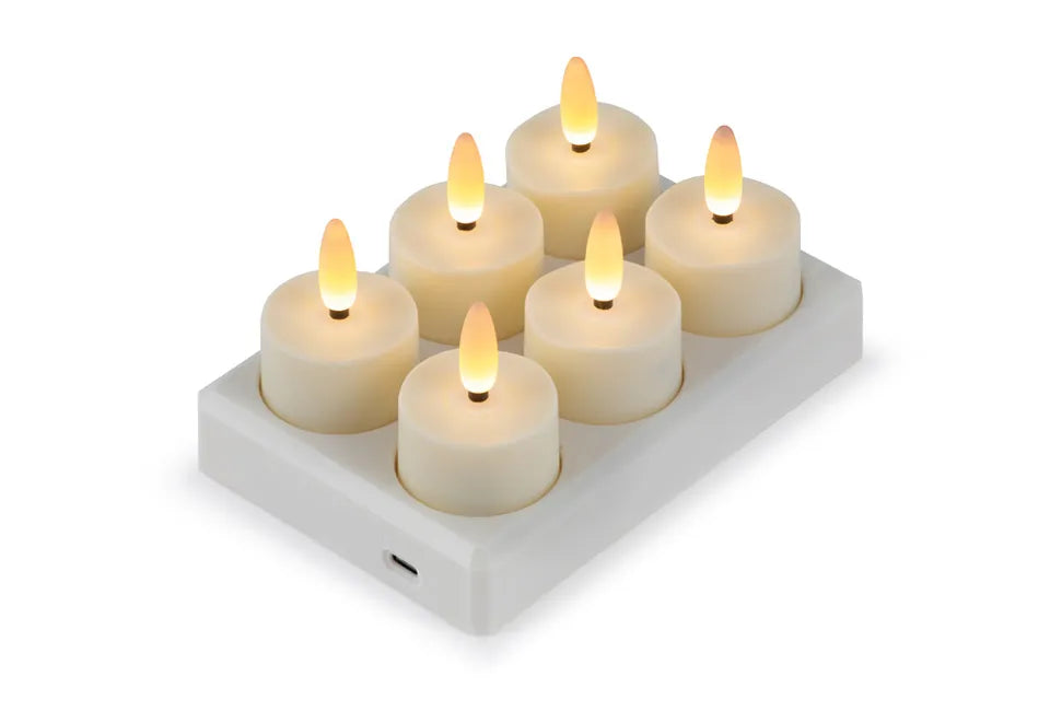 Home & Comfort - Lot de 6 lampes à thé LED rechargeables - Avec télécommande - Dimmable - 4 niveaux de lumière - Station de recharge incluse