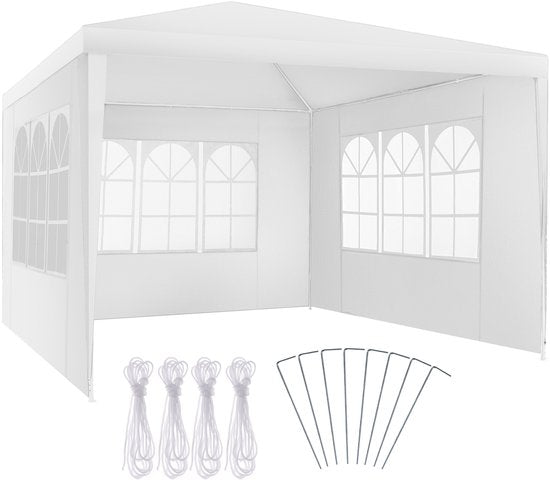 tectake® Pavillon - avec armature renforcée - Tente de réception 3x3 m - Bâche imperméable - Panneaux latéraux amovibles - Pavillon de jardin résistant aux intempéries - Lignes de tension et piquets inclus - Blanc - Tente pliante pop-up