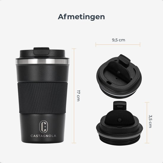 Castagnola Thermos Cup - Coffee Mug To Go - Travel Mug for Coffee and Tea - Tea Mug - 380 ML - stainless steel - Black