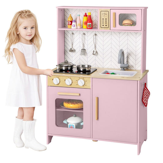 Cuisine jouet en bois Coast pour enfants - lumières et sons - micro-ondes et four - rose