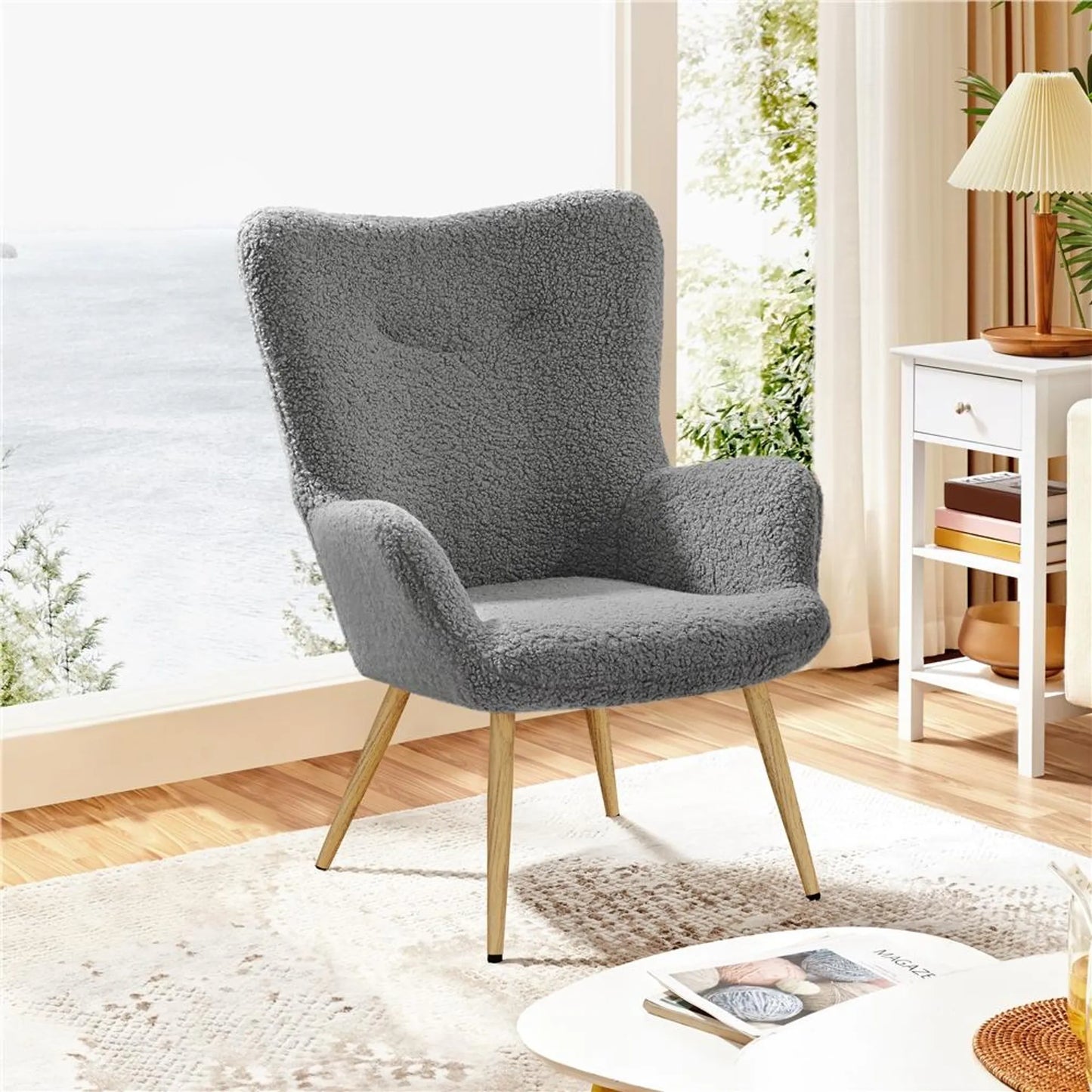 Yaheetech Fauteuil d'oreille avec dossier rabattable - équipé d'un tissu bouclé doux, de croisillons et de pieds protecteurs réglables - pour le salon et la chambre - métal gris et polyester - 70 x 67,5 x 97,5 cm