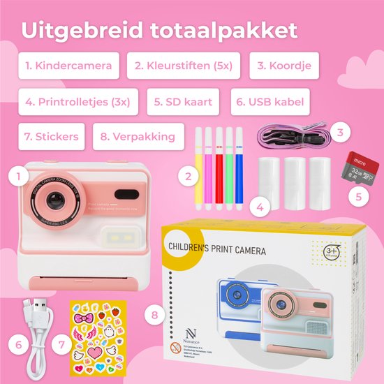 Nuvance - Caméra pour enfants - Caméra jouet pour enfants - avec carte SD de 32 Go - Photo et vidéo - Imprimante photo - Caméra numérique pour enfants - Caméras pour enfants - Rose