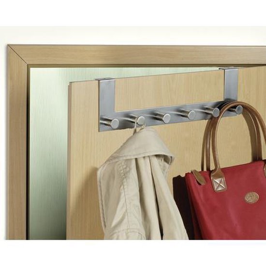 WENKO Porte-manteau de porte Celano en acier inoxydable, 39 cm de large, avec 6 crochets - Barre à crochets - Porte-manteau de porte - Pour portes à recouvrement de 2 cm d'épaisseur