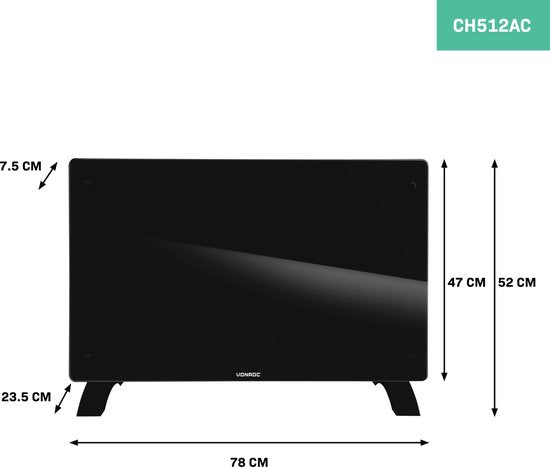 Convecteur de chauffage électrique - VONROC - 2000W & avec contrôle Wifi - équipé d'un affichage Led et d'une minuterie - pour les espaces jusqu'à 24 m² - Verre noir