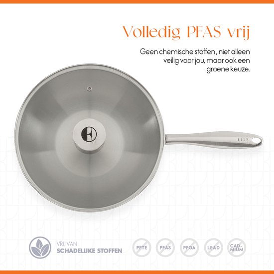 Poêle wok ELLE Gourmet Classique en acier inoxydable avec couvercle - Ø 28 cm - Sans PFAS - Induction