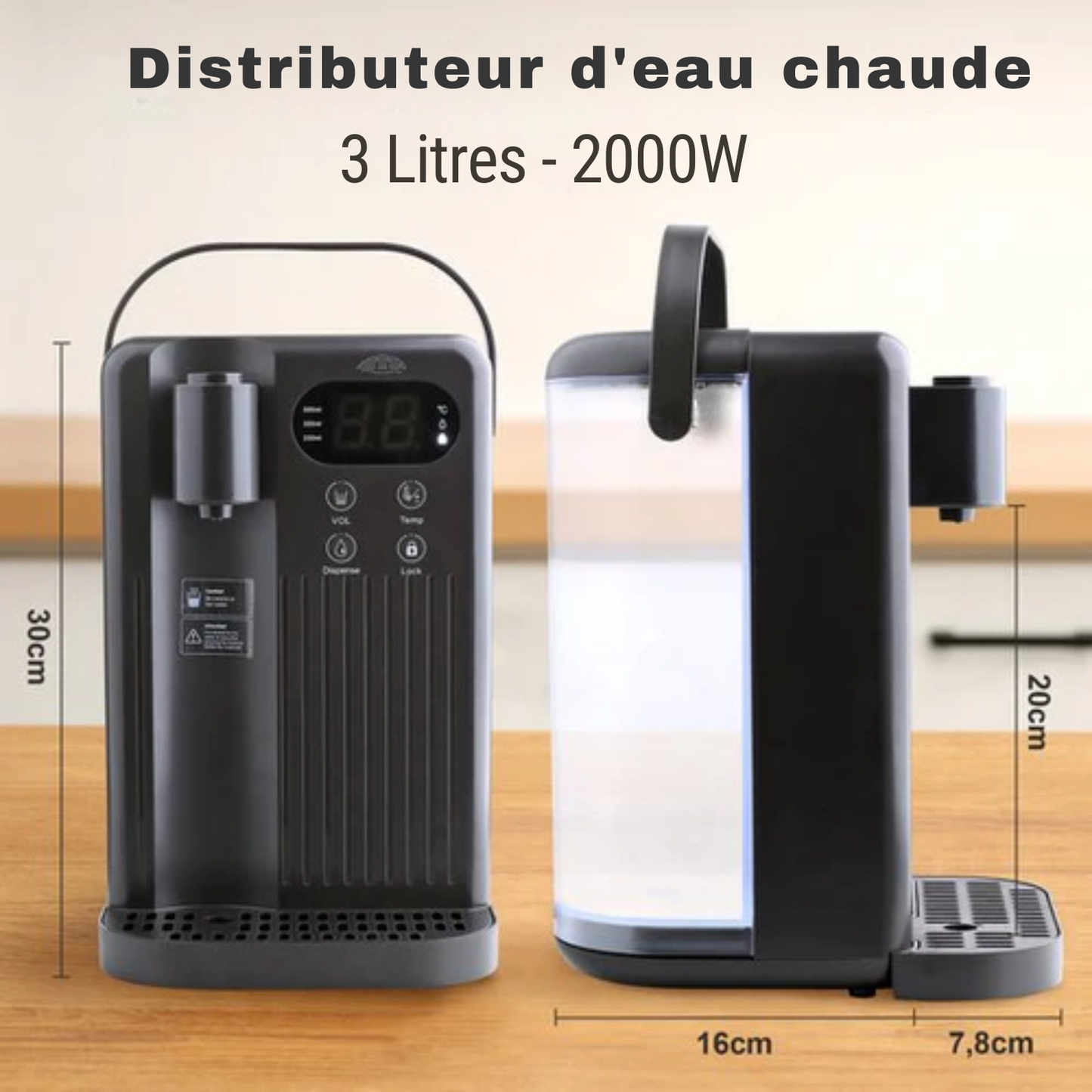 Distributeur d'eau chaude - Nimma - 3L - 2000W - 200/350/500 ml - Bouilloire instantanée - Noir