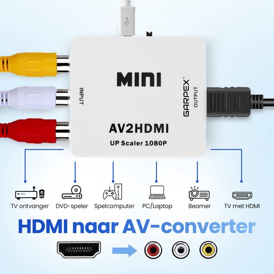 Garpex® Tulip to HDMI Converter - AV to HDMI Adapter - Composite to HDMI - Wii to HDMI - 1080P Full HD - câble d'alimentation USB inclus - Noir