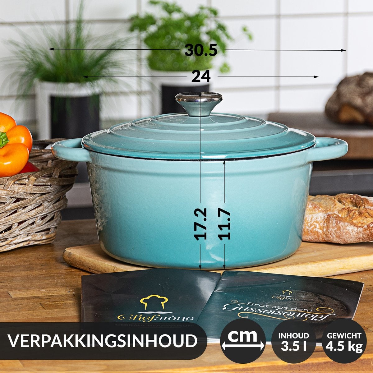 Chefarone Poêle en fonte - Casserole - Couvercle inclus - Convient à toutes les sources de chaleur - Émaillée - Bleu