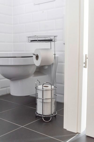 Porte-rouleau de papier toilette sur pied, chromé - Avec tablette et support pour rouleau de rechange