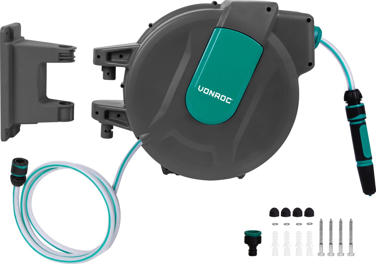 VONROC Wall Hose Box - Comprend un tuyau d'arrosage de 35 m, un tuyau de raccordement, une buse, des raccords et un robinet - Système d'enroulement automatique