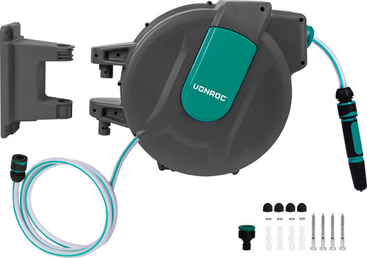 VONROC Wall Hose Box - Comprend un tuyau d'arrosage de 35 m, un tuyau de raccordement, une buse, des raccords et un robinet - Système d'enroulement automatique