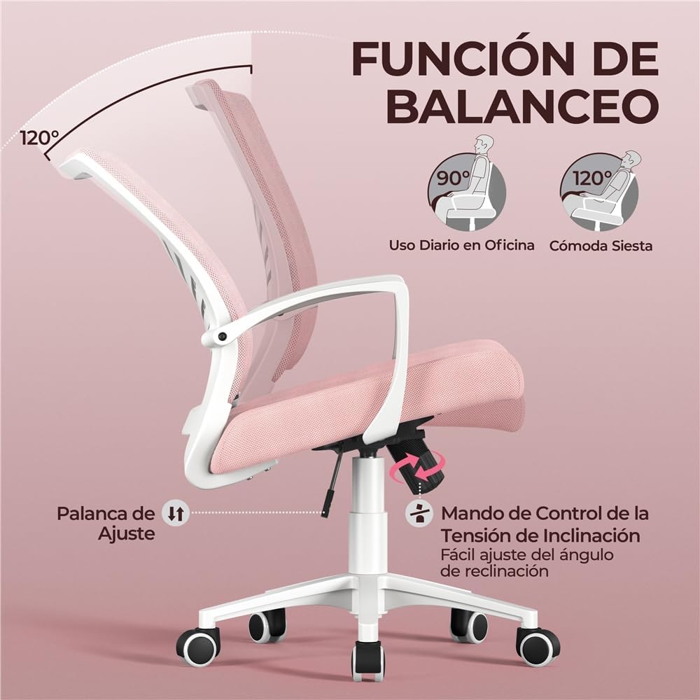 Chaise de bureau pivotante Yaheetech - Tissu maillé - Rose - Soutien lombaire ergonomique - Hauteur réglable - Fonction d'inclinaison