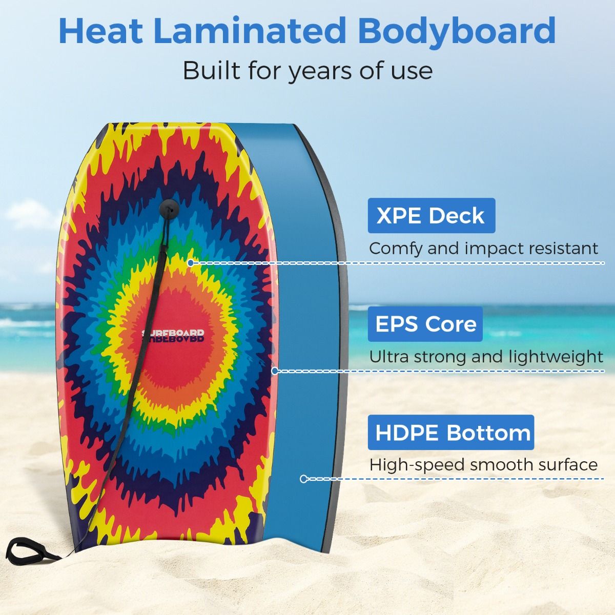 Bodyboard Coast - léger - dos en forme de demi-lune - avec dragonne - 104 cm