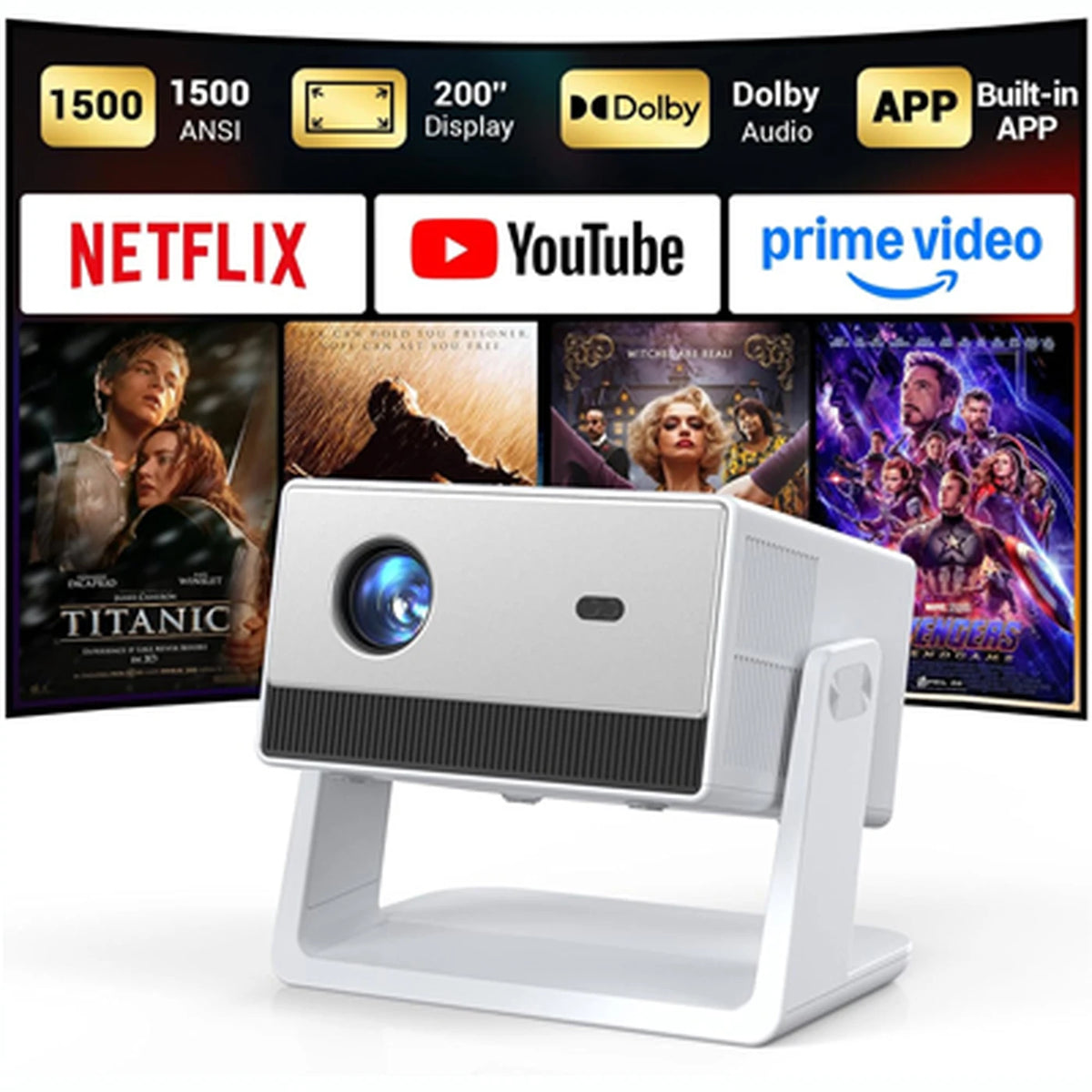 Projecteur intelligent FunFlix - Wi-Fi 6 et Bluetooth 5.2 - Résolution native 1080p avec prise en charge 4K - Dolby Audio - Écran de 200 pouces - Mise au point automatique