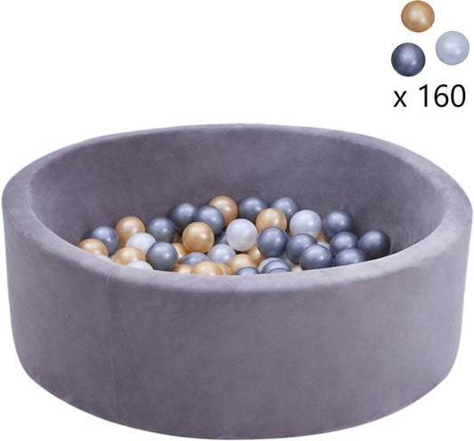 Piscine à balles Sunny Boaz avec 160 balles, couleur « Velvet Gris » – Balles blanches/grises/dorées de Ø 7 cm – Piscine à balles ronde de Ø 90 x 30 cm
