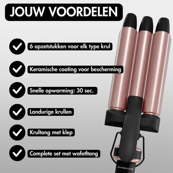 Sansbeauté® Fer à boucler 7 en 1 avec pince et pince gaufrée - Fer à boucler en céramique - 13mm à 38mm - Brosse à sécher les cheveux courts - Brosse chauffante - Pince à boucler - Brosse thermique - Styler les cheveux - Brosse à boucler 5 en 1