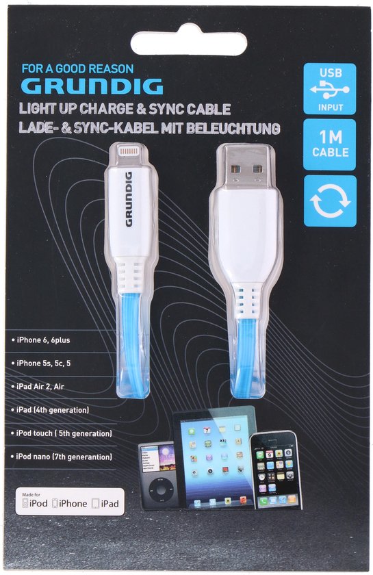 Câble de chargement et de synchronisation Grundig - USB-A vers Lightning - Compatible avec iPhone et iPad - Blanc/Bleu