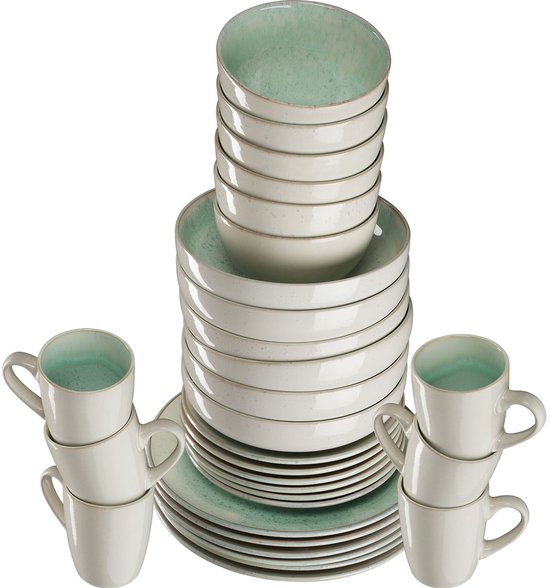 tectake® Service de table Mare - 30 pièces - Grès à émail brillant - Pour 6 personnes - Service de table fait main - Service de table moderne comprenant des grandes et petites assiettes, des bols, des coupelles et des tasses - Lavable au lave-vaisselle et