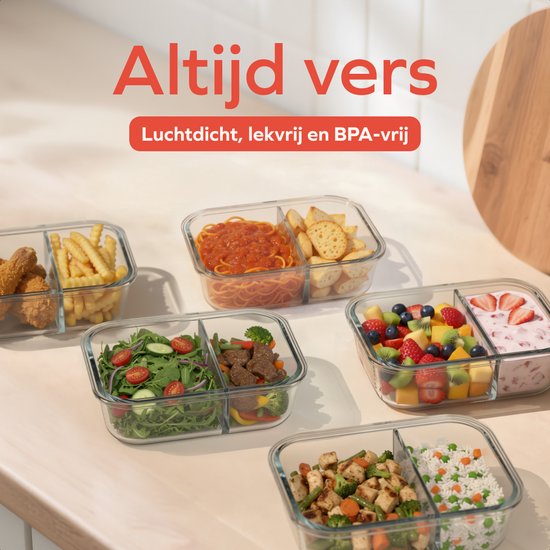 KitchenBrothers Meal Prep Trays Set - With Separation - Glass Food Storage Trays - Two Compartments - Airtight - BPA Free - Freezer Trays - Storage Trays - 5L - Glass - 5 Pieces
