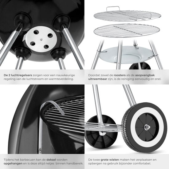 Barbecue au charbon de bois tectake® - Barbecue sphérique - Plaque de cuisson Ø 41,5 cm - Barbecue à 2 roues - Fumoir avec couvercle - Rond - Noir - Métal