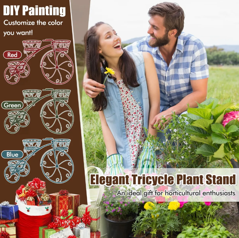 Coast Three-Whelleled Plant Stand 85x25x50 cm - Support à fleurs en métal à 3 couches en bronze - Pour l'intérieur et l'extérieur