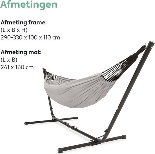 Vita5 Hamac avec support - 2 personnes - longueur réglable - sac de transport inclus - poids 205 kg - gris