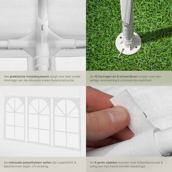 tectake® Pavillon Novara - Tente de réception 3x6 m - Bâche imperméable avec 5 panneaux latéraux amovibles - Pavillon de jardin résistant aux intempéries - Lignes de tension et piquets inclus - blanc