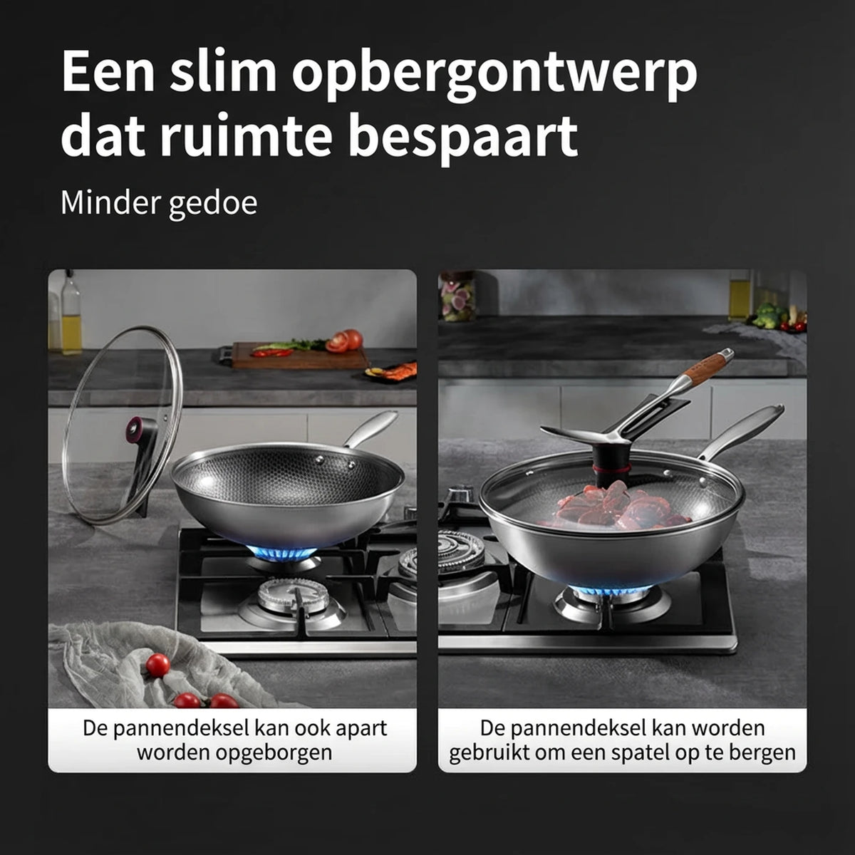Wok Ochama 30 cm avec couvercle - Acier inoxydable, revêtement antiadhésif en nid d'abeille sans téflon - Compatible avec les plaques à induction, à gaz et électriques