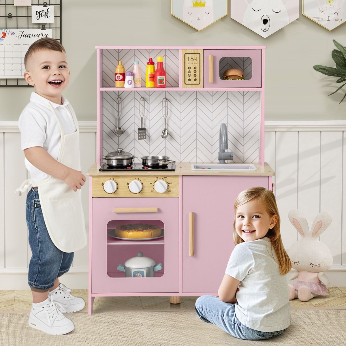 Cuisine jouet en bois Coast pour enfants - lumières et sons - micro-ondes et four - rose