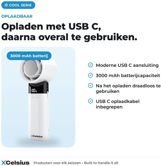 Ventilateur portable XCelsius® - Mini-ventilateur pliable - Rechargeable via USB-C - Réglage continu de 0 % à 100 % - Avec plaque de refroidissement instantanée - Blanc