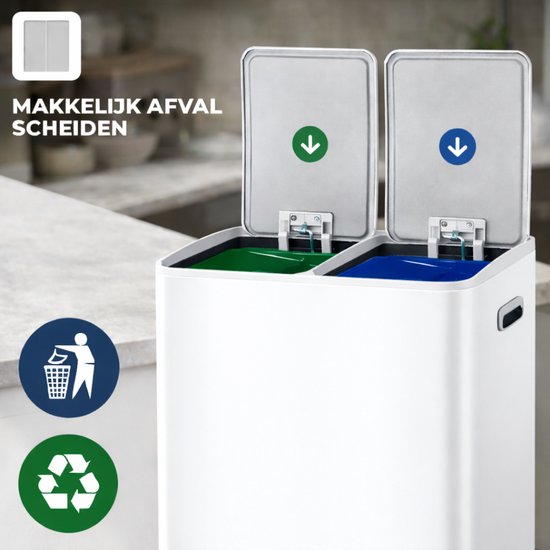 Bayt Poubelle - Poubelle 60 litres (2x30) - Poubelle 60 litres - Poubelle à pédale 60 litres - Poubelle Séparation des déchets - Poubelle 2 compartiments - Poubelle - inox - Blanc