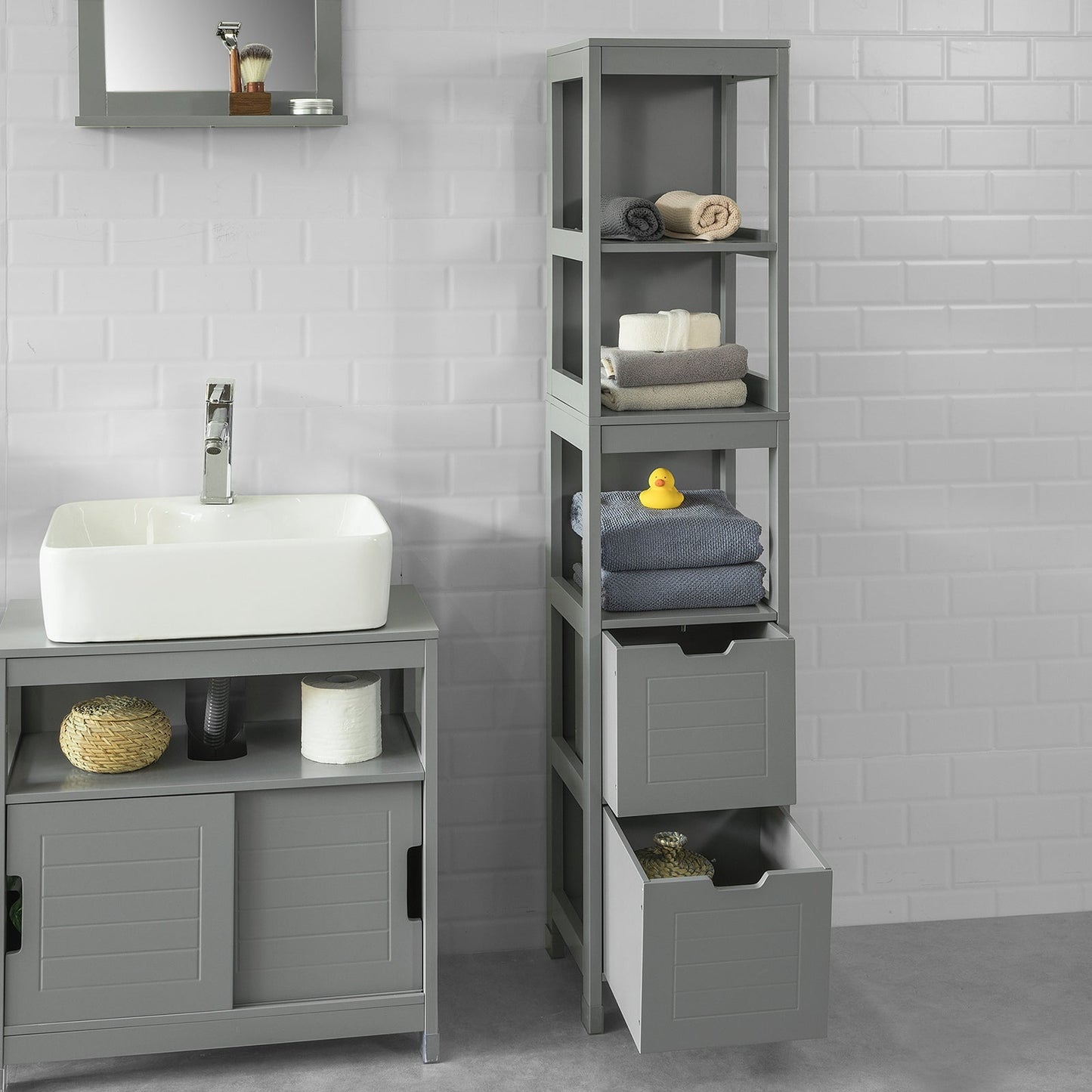 SoBuy Meuble de salle de bain haut avec repose-pieds - 2 tiroirs - Gris - 30x30x145cm