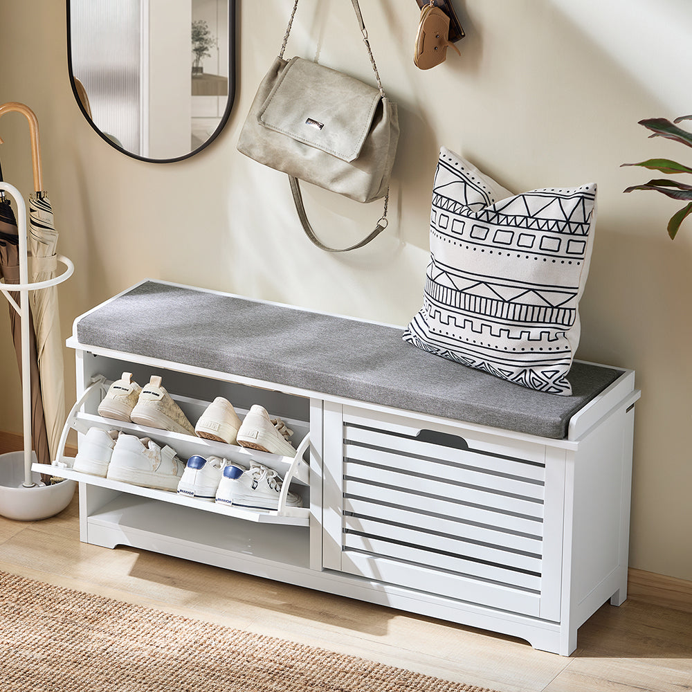SoBuy FSR184-W - Banc à chaussures élégant avec coussin de siège et 2 rabats - compact et confortable