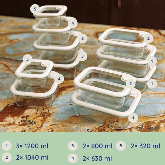 Récipients fraîcheur Safecourt - entièrement en verre (100% sans micro-plastique) - four, congélateur, micro-ondes et lave-vaisselle - set de 11 pièces