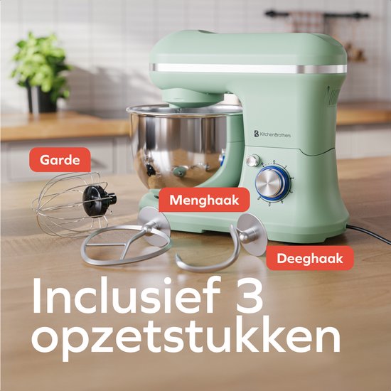 KitchenBrothers Robot de cuisine - 1200W - Robot de cuisine - 5L - Mélangeur à pain - Mélangeur avec bol - Mélangeur de cuisine - Vert pastel