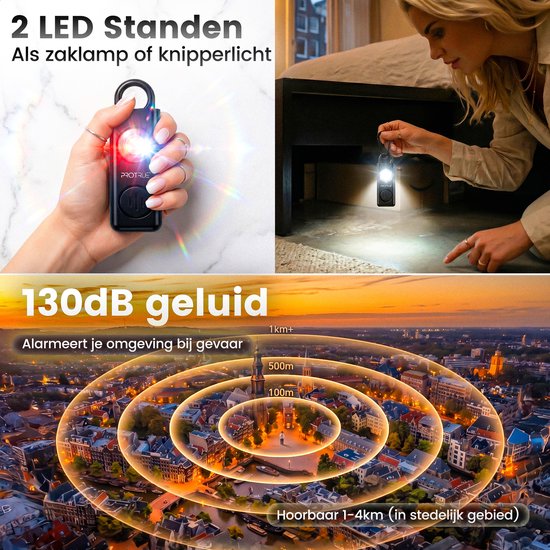 Alarme personnelle - Porte-clés d'autodéfense - Alarme de poche 130 dB avec lampe de poche - Spray au poivre - Rechargeable