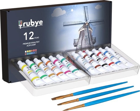 Rubye® Acrylic Painting - Peinture - Pinceaux - Hobby and Creative - Painting by Number - 22ML Tubes - 12 Couleurs