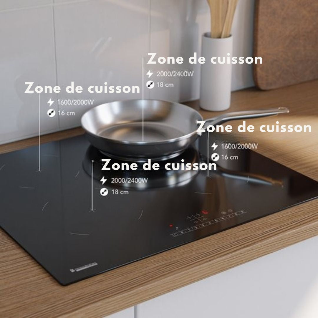 Table de cuisson à induction KitchenBrothers - encastrable - 60 cm - 4 zones - 1 et 2 phases - Jusqu'à 2400W - Noir