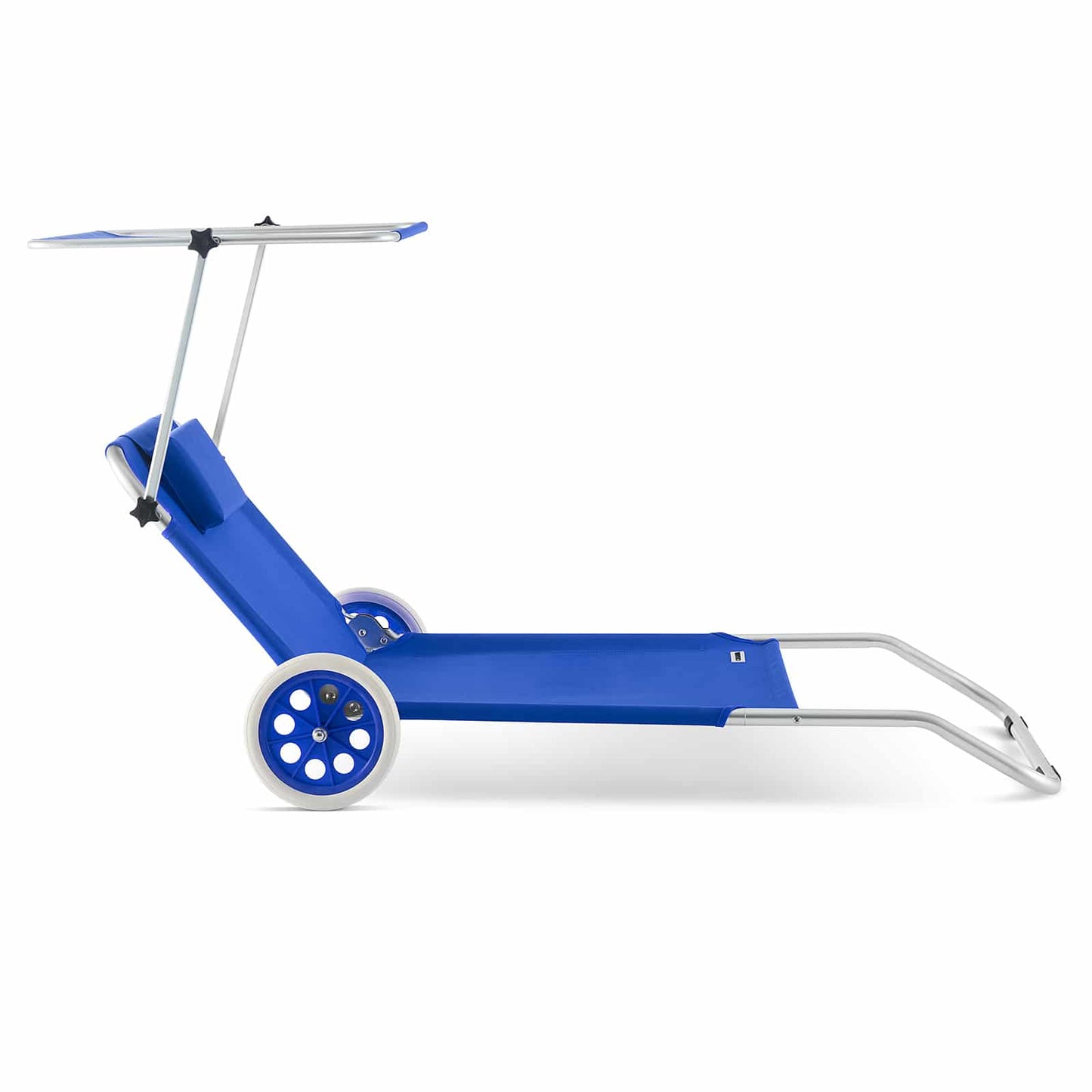 Transat Casaria Kreta - Bleu - Aluminium - Pliable, avec roulettes, pare-soleil et oreiller - 150 x 52 cm